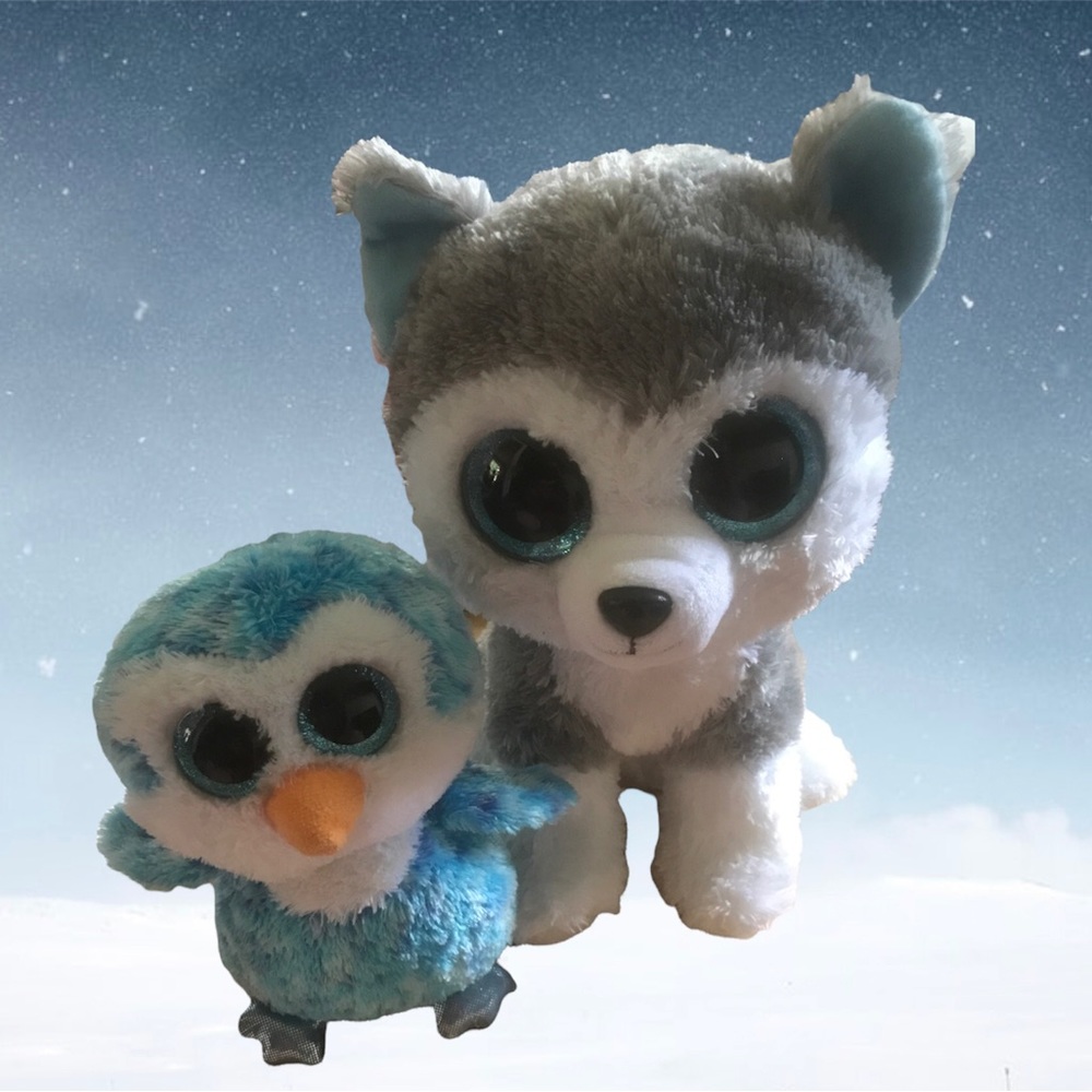 Pair of winter weather beanie boo friends. Ice Cube and Slush.